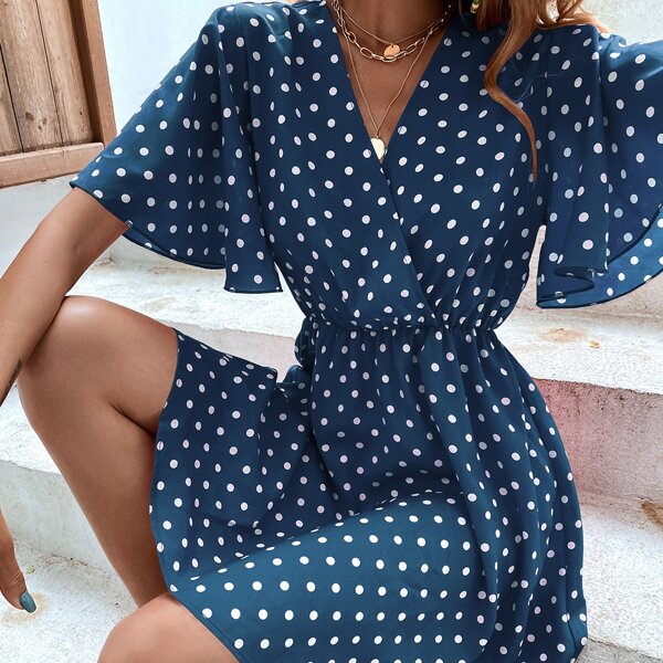 

Surplice Neck Butterfly Sleeve Polka Dot Dress, Blue
