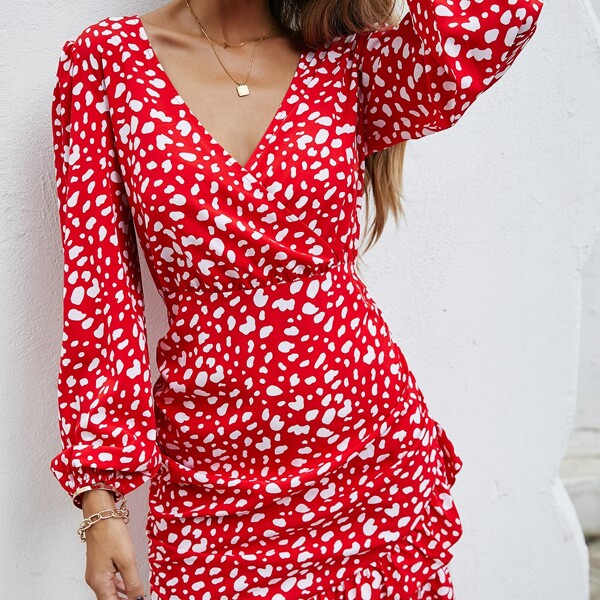 

Allover Print Surplice Neck Zip Back Ruffle Trim Dress, Red