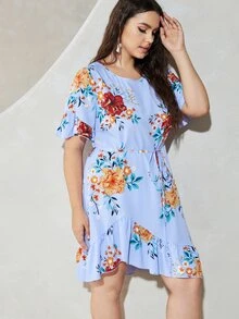 大碼花卉印花不對稱荷葉邊連衣裙 - 淺藍色 - 查看 1