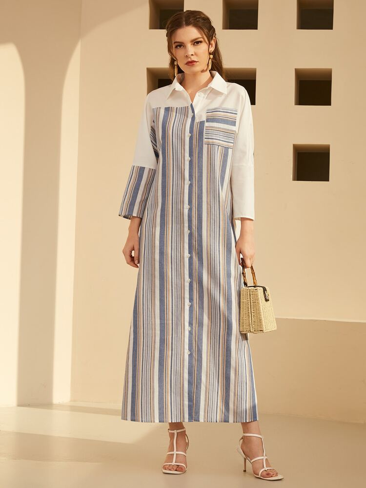 SHEIN 單排扣貼袋條紋洋裝 - 彩色 - 查看 4