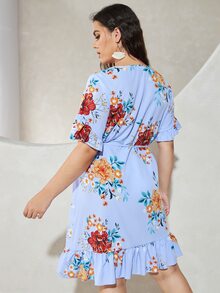 大碼花卉印花不對稱荷葉邊連衣裙 - 淺藍色 - 查看 2