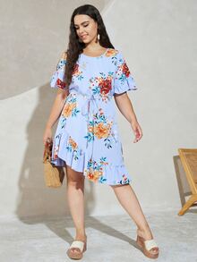 大碼花卉印花不對稱荷葉邊連衣裙 - 淺藍色 - 查看 3