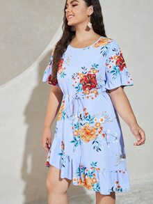 大碼花卉印花不對稱荷葉邊連衣裙 - 淺藍色 - 查看 4
