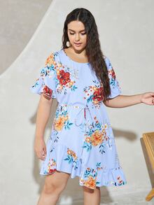 大碼花卉印花不對稱荷葉邊連衣裙 - 淺藍色 - 查看 5