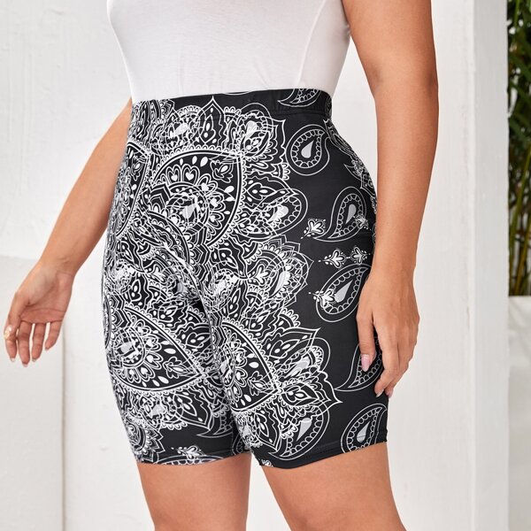 

Plus Paisley Print Biker Shorts, Black and white