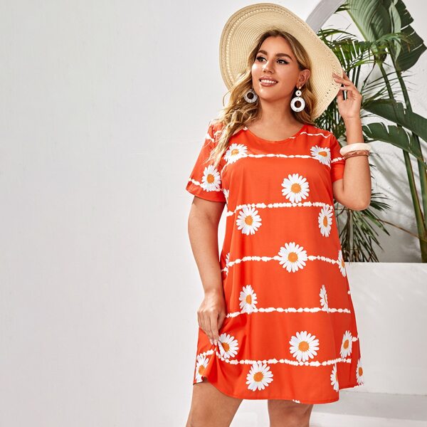 

Plus Floral Print Tunic Dress, Orange