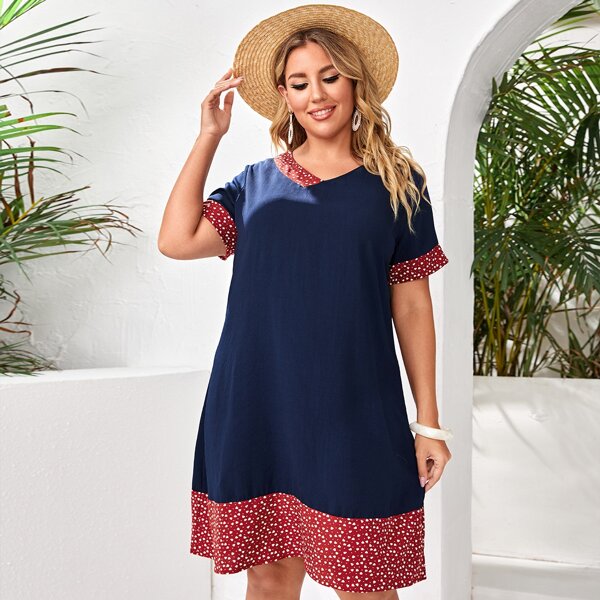 

Plus Confetti Heart Print V Neck Tunic Dress, Navy blue