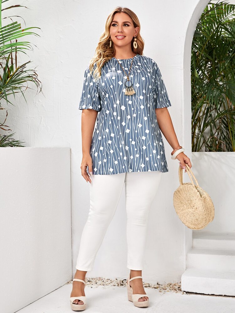 EMERY ROSE Plus Allover Print Short Sleeve Tee - Dusty Blue - View 5