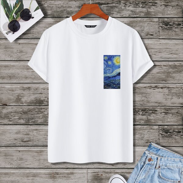 

Men Oil Painting Print Crew Neck Tee, White