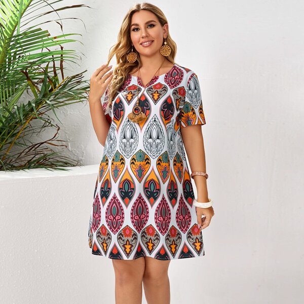 

Plus Notched Neck Allover Print Tunic Dress, Multicolor