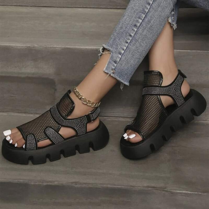 

Rhinestone Detail Mesh Sport Sandals, Black