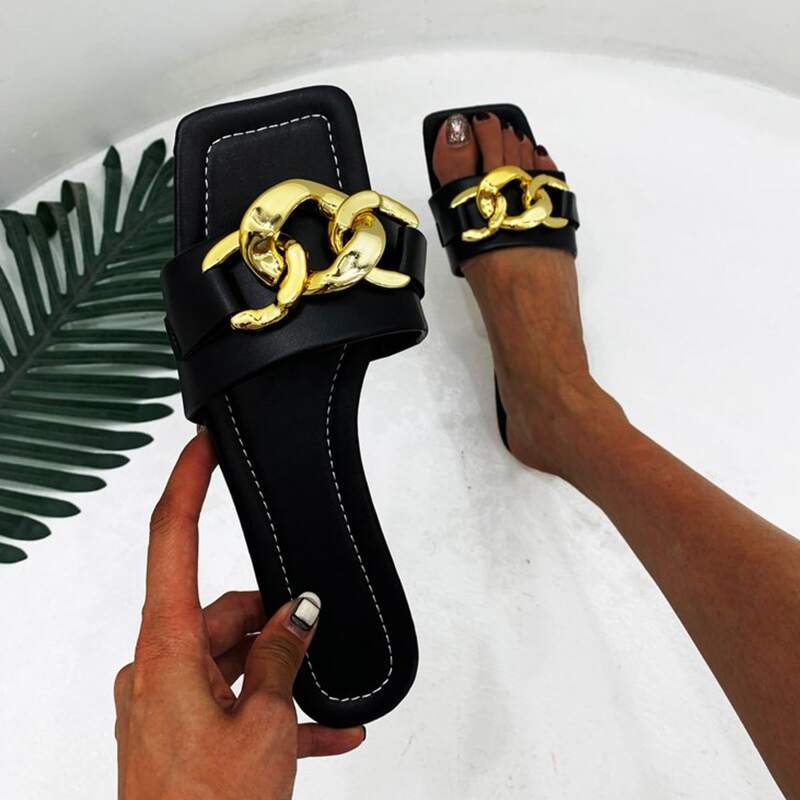 

Chain Decor Slide Sandals, Black
