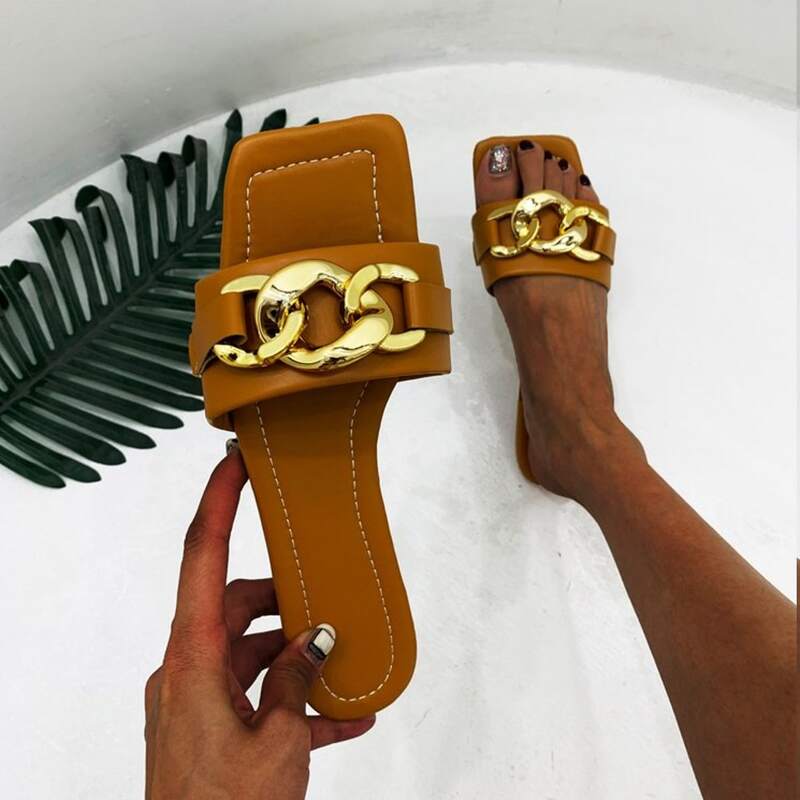 

Chain Decor Slide Sandals, Brown