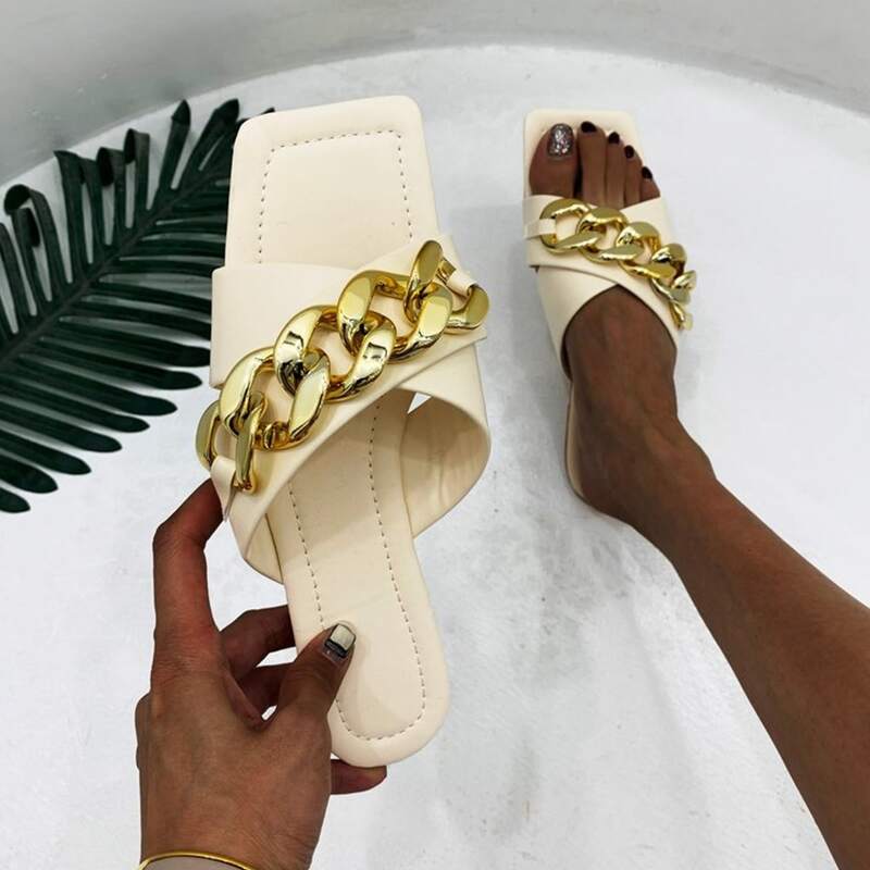 

Chain Decor Cross Strap Slide Sandals, Beige