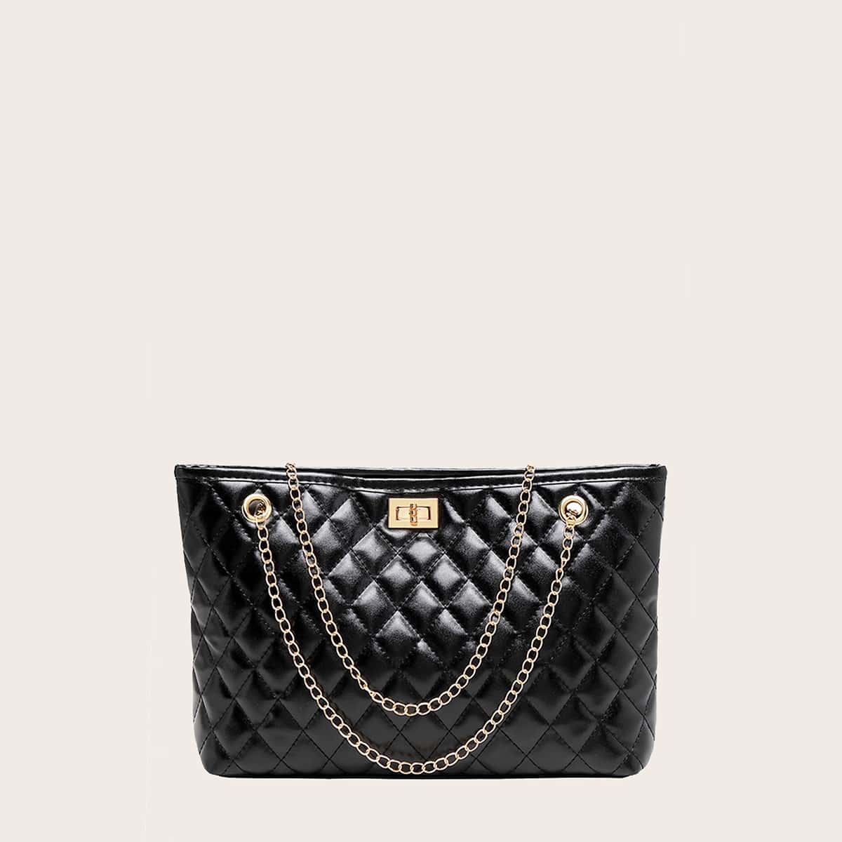 

Quilted Chain Tote Bag, Black