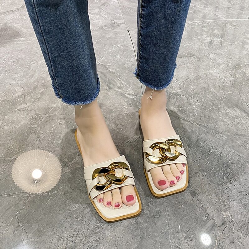 

Chain Decor Slide Sandals, Beige