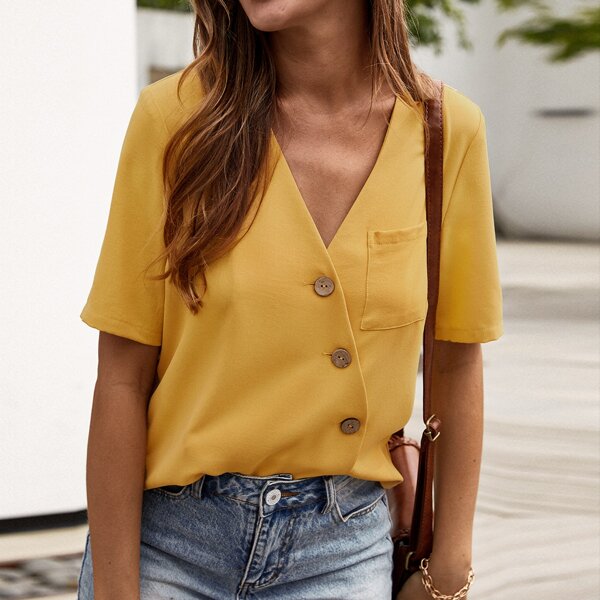 

Pocket Front Button Detail V-neck Blouse, Yellow