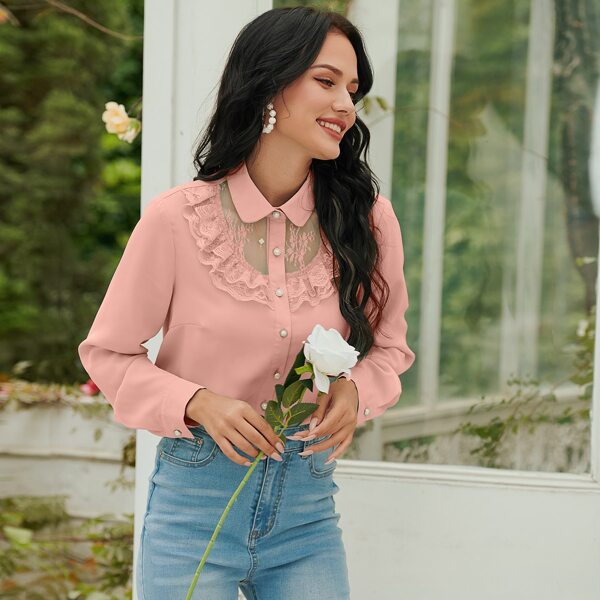 

Pearls Button Front Ruffle Trim Blouse, Pink