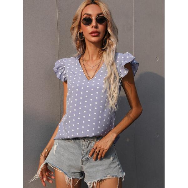 

Polka Dot Butterfly Sleeve Blouse, Dusty blue