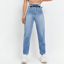 High Waist Raw Trim Mom Jeans With Belt