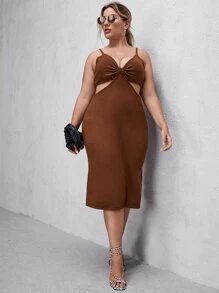 大碼純色鏤空毛衣裙 - 鏽棕色 - 查看 1