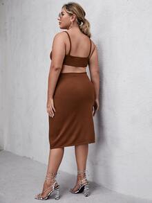 大碼純色鏤空毛衣裙 - 鏽棕色 - 查看 2