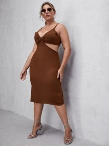 大碼純色鏤空毛衣裙 - 鏽棕色 - 查看 3