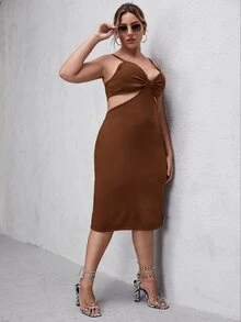 大碼純色鏤空毛衣裙 - 鏽棕色 - 查看 4