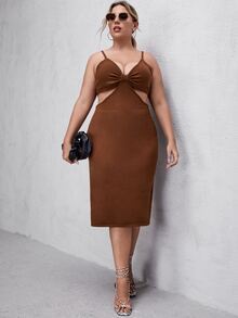 大碼純色鏤空毛衣裙 - 鏽棕色 - 查看 5