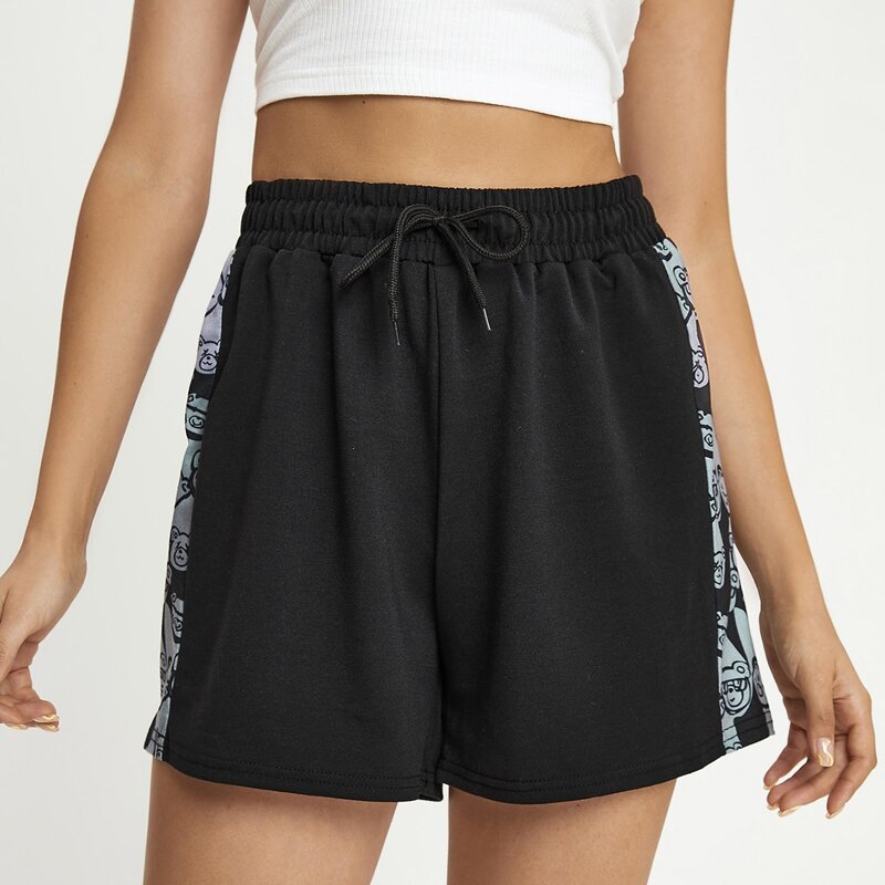 

Cartoon Bear Graphic Drawstring Shorts, Black