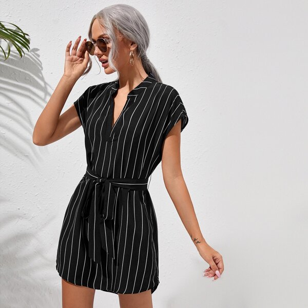 

Notch Neck Batwing Sleeve Belted Striped Dress, Black