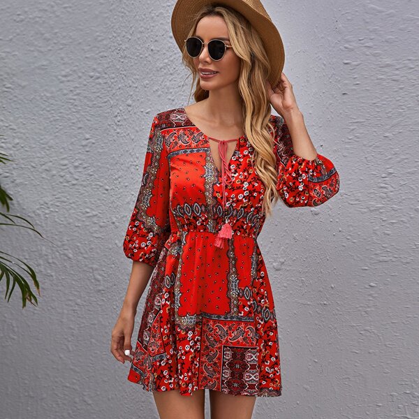 

Tie Neck Lantern Sleeve Paisley Print Dress, Red
