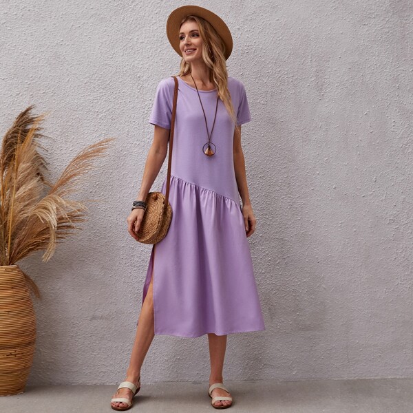 

Solid Split Side Smock Dress, Purple