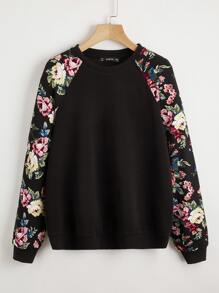 SHEIN LUNE Plus Floral Print Raglan Sleeve Pullover - Black - View 1