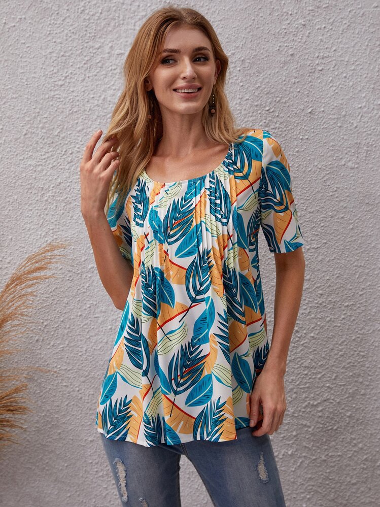 Tropical Print Pleated Detail Blouse - Multicolor - View 1