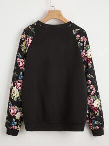 SHEIN LUNE Plus Floral Print Raglan Sleeve Pullover - Black - View 2