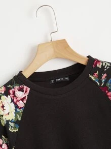 SHEIN LUNE Plus Floral Print Raglan Sleeve Pullover - Black - View 4