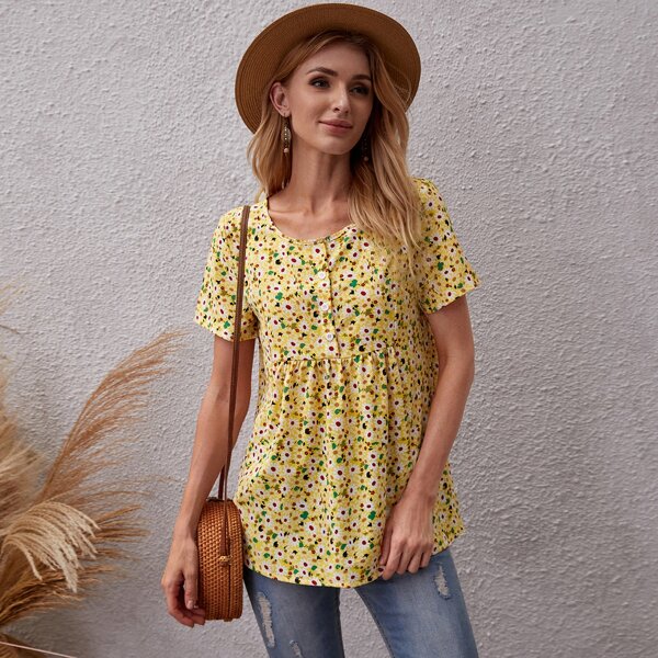 

Floral Half Button Blouse, Yellow