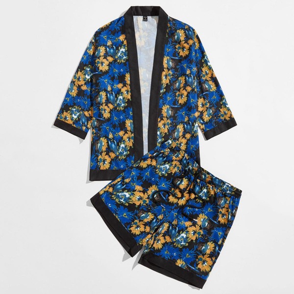 

Men Contrast Trim Floral Print Shirt & Shorts Set, Multicolor