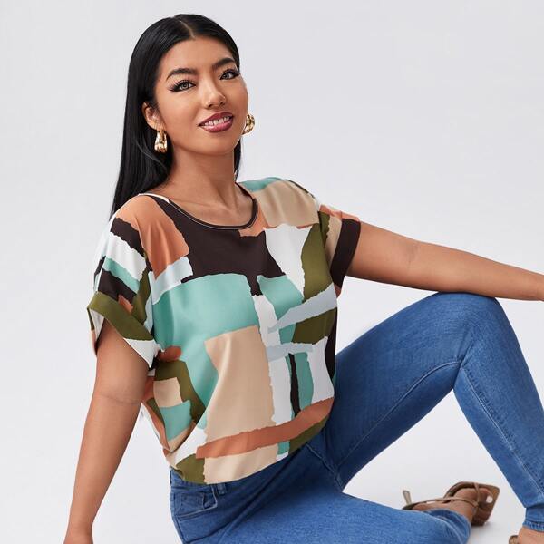

Plus Cuffed Sleeve Colorblock Top, Multicolor