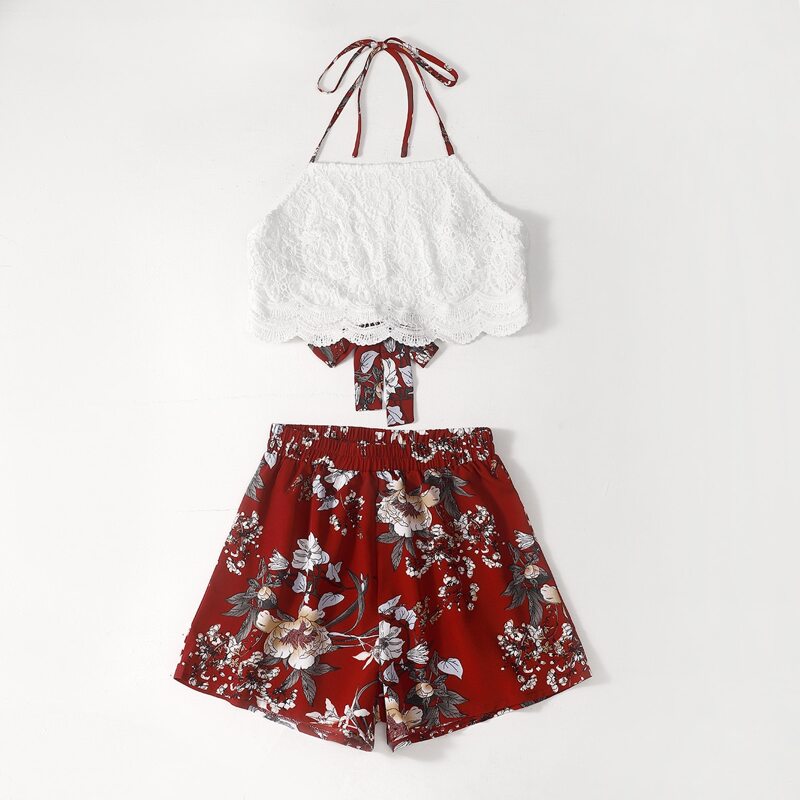

Lace Halter Top & Floral Print Shorts, Red and white