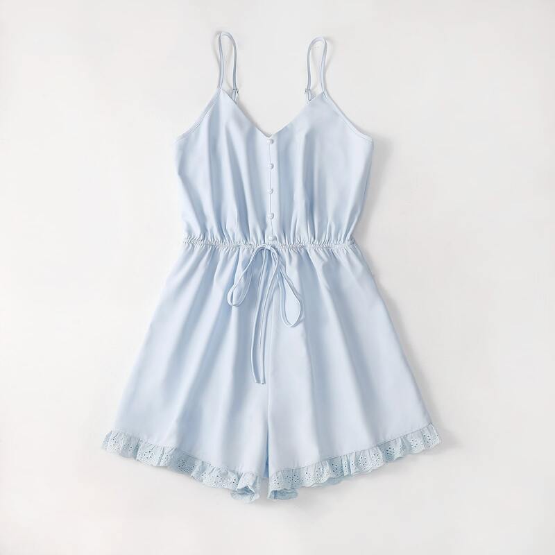 

Contrast Lace Button Cami Romper, Baby blue