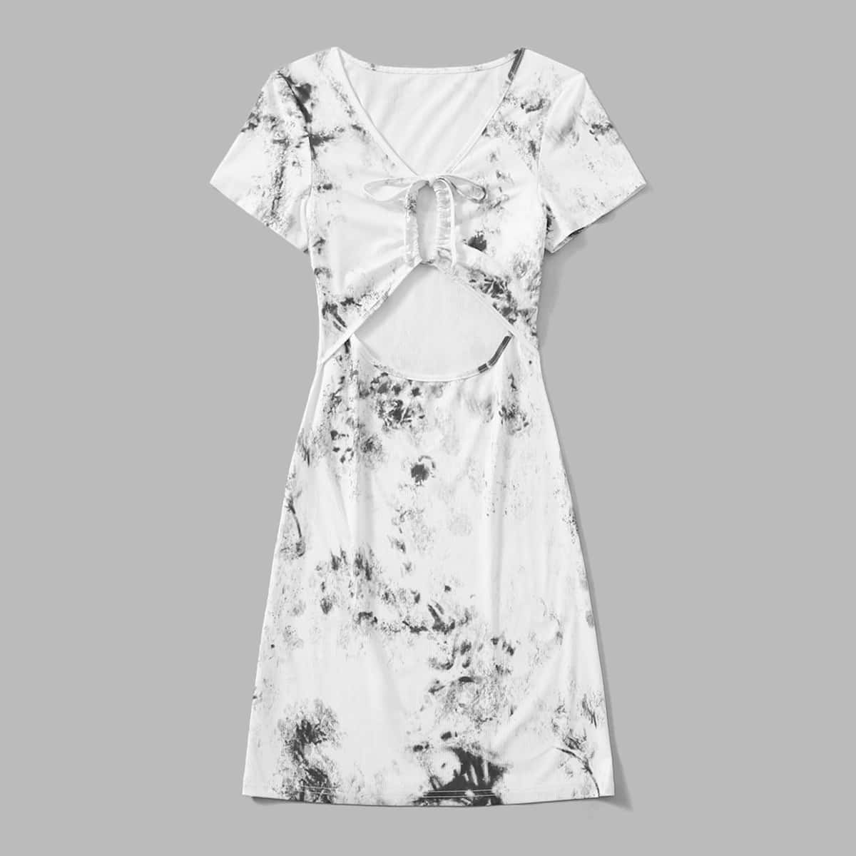 

Tie Dye Drawstring Cut Out Tee Dress, Black and white