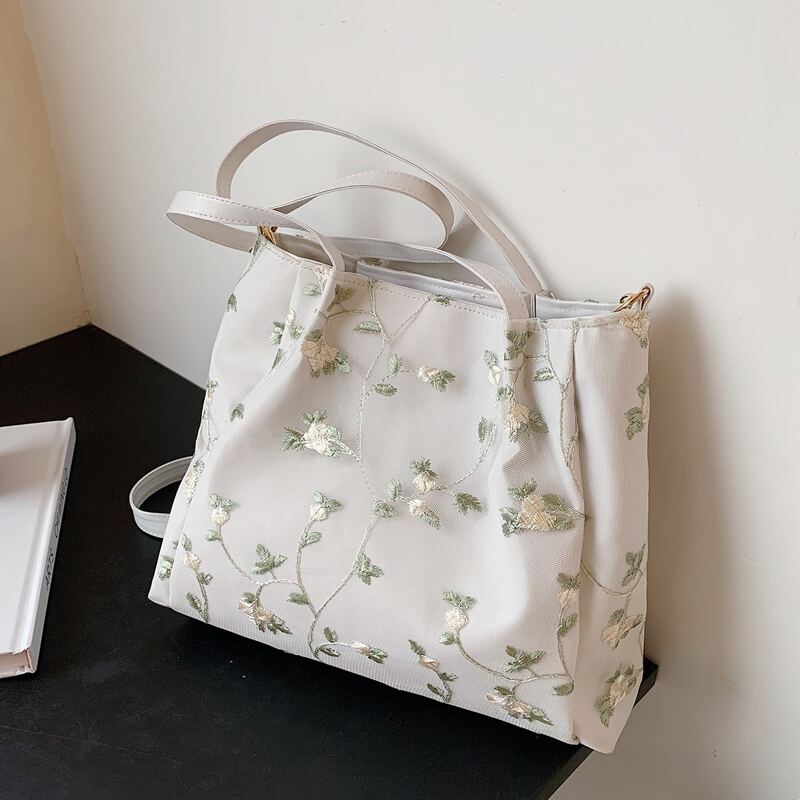 

Flower Embroidered Tote Bag, White