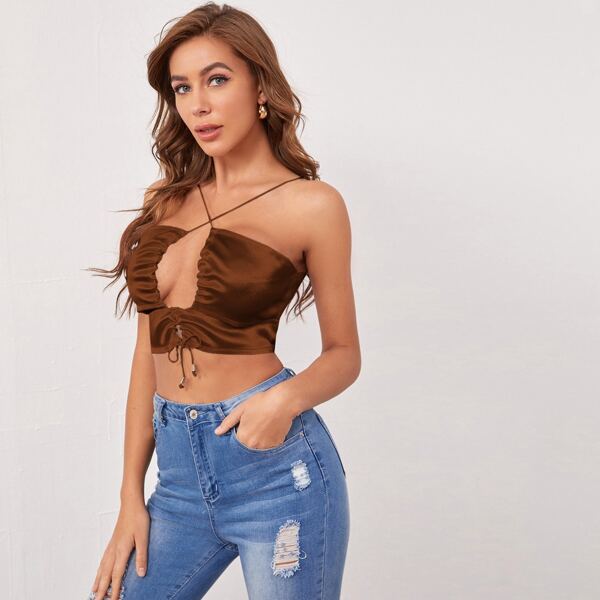 

Satin Tie Front Peekaboo Cami Top, Coffee brown