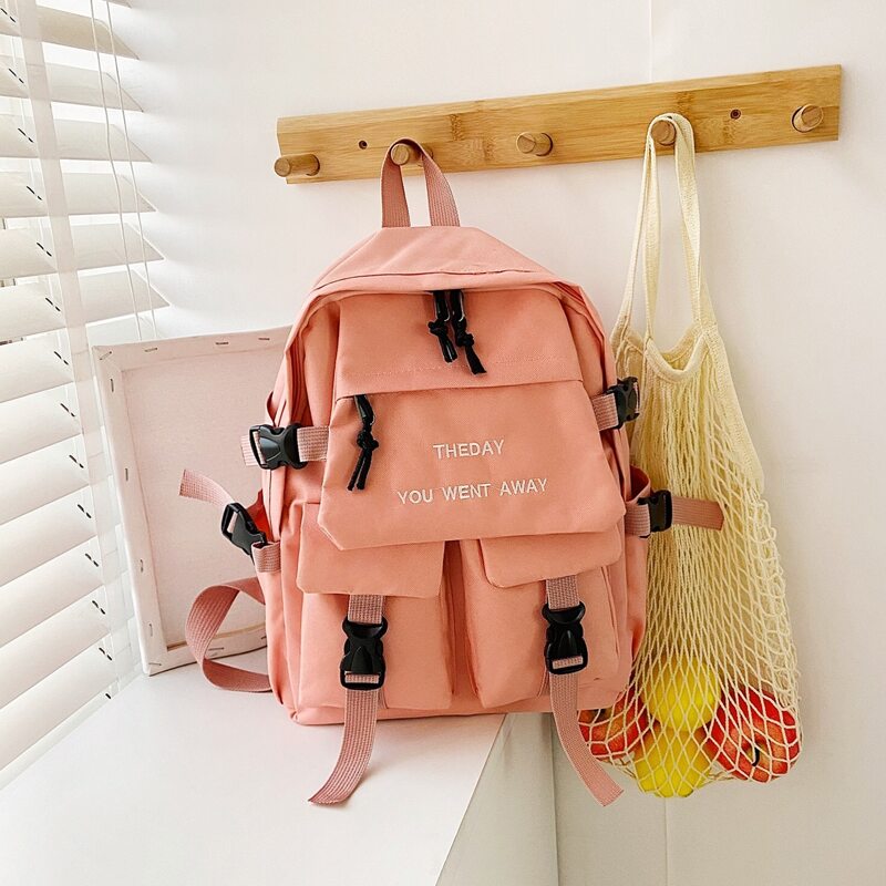 Letter Embroidered Pocket Front Backpack, Pink