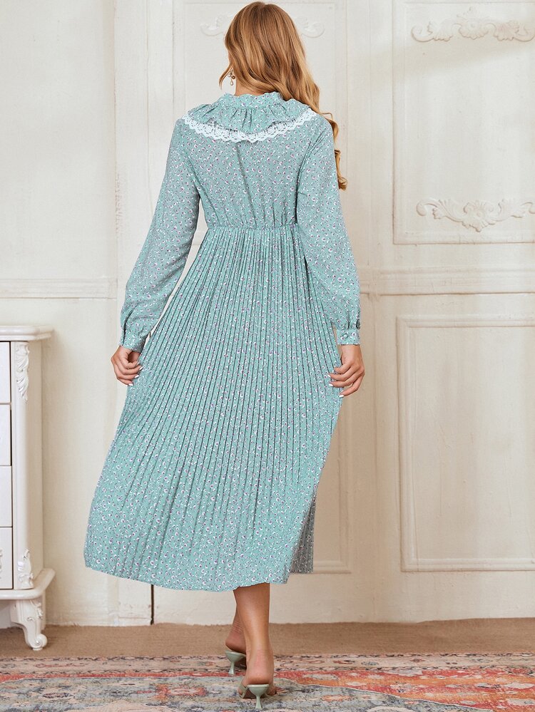 SHEIN Maternity Ditsy Floral Tie Neck Pleated Flare Hem Dress - Mint Green - View 4