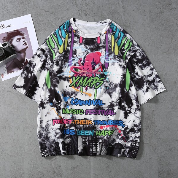 

Men Random Tie Dye Cartoon Slogan Graphic Tee, Multicolor