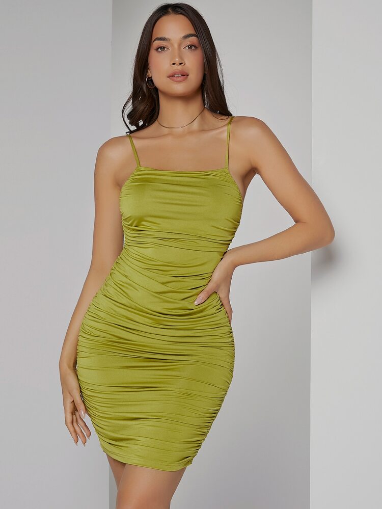 SHEIN Ruched Satin Bodycon Dress - Lime Green - View 3
