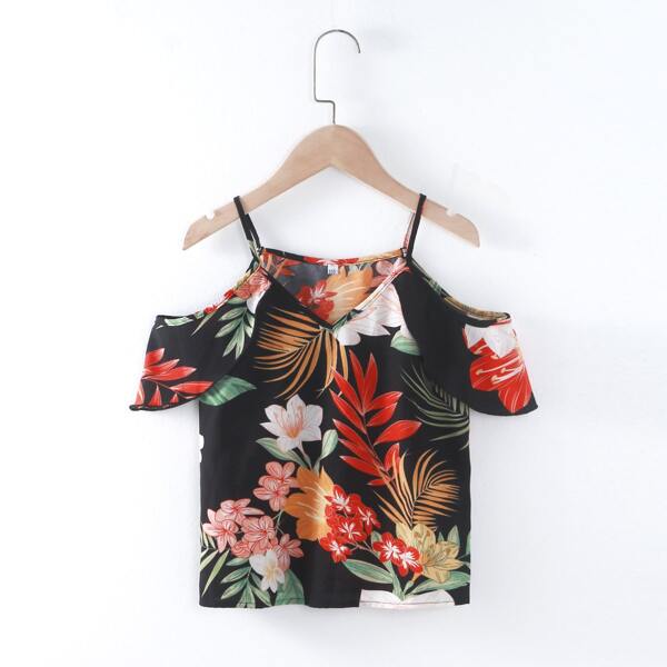 

Girls Tropical Print Cold Shoulder Blouse, Multicolor